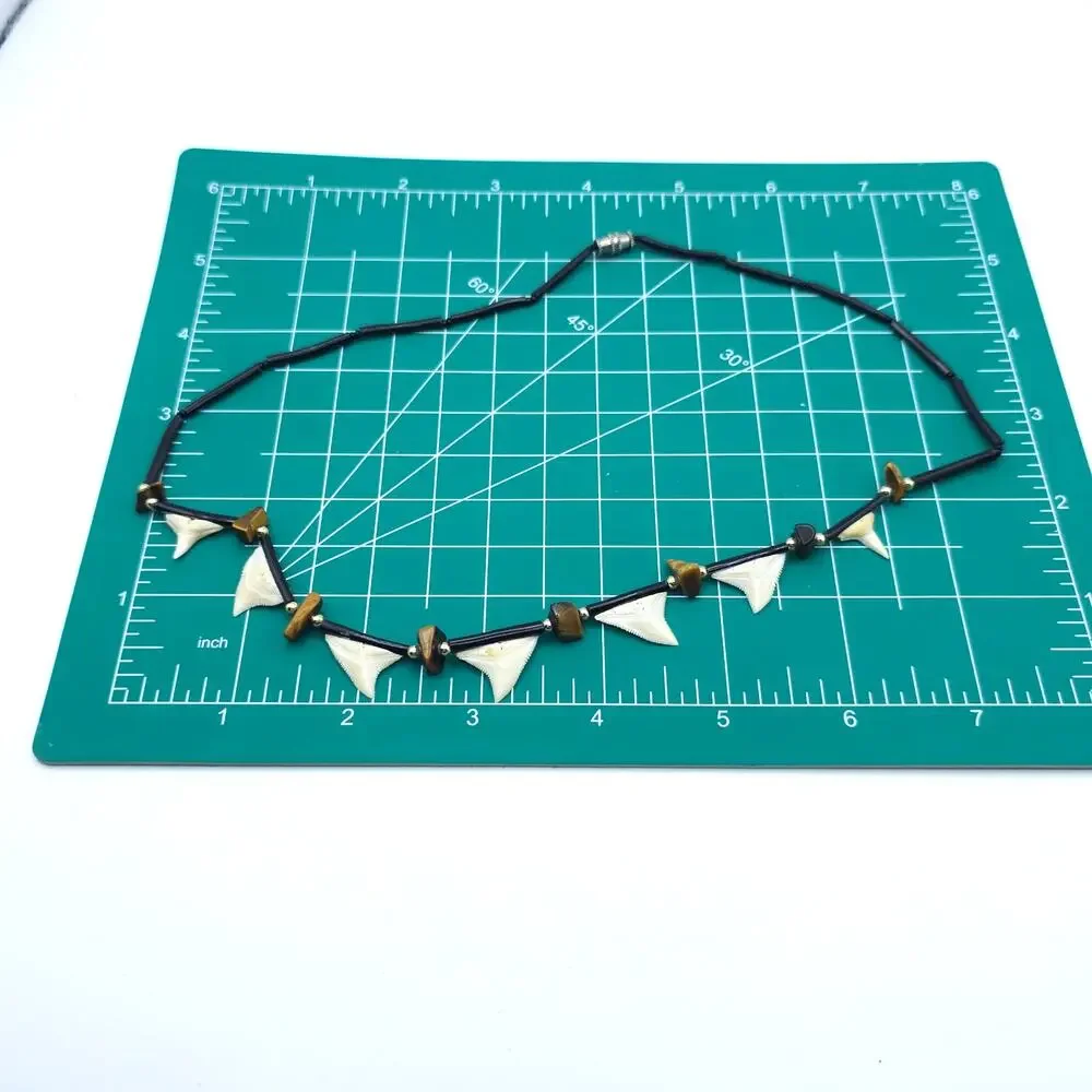 Vintage Shark Tooth Black Coral Tigers Eye Beaded Necklace 19